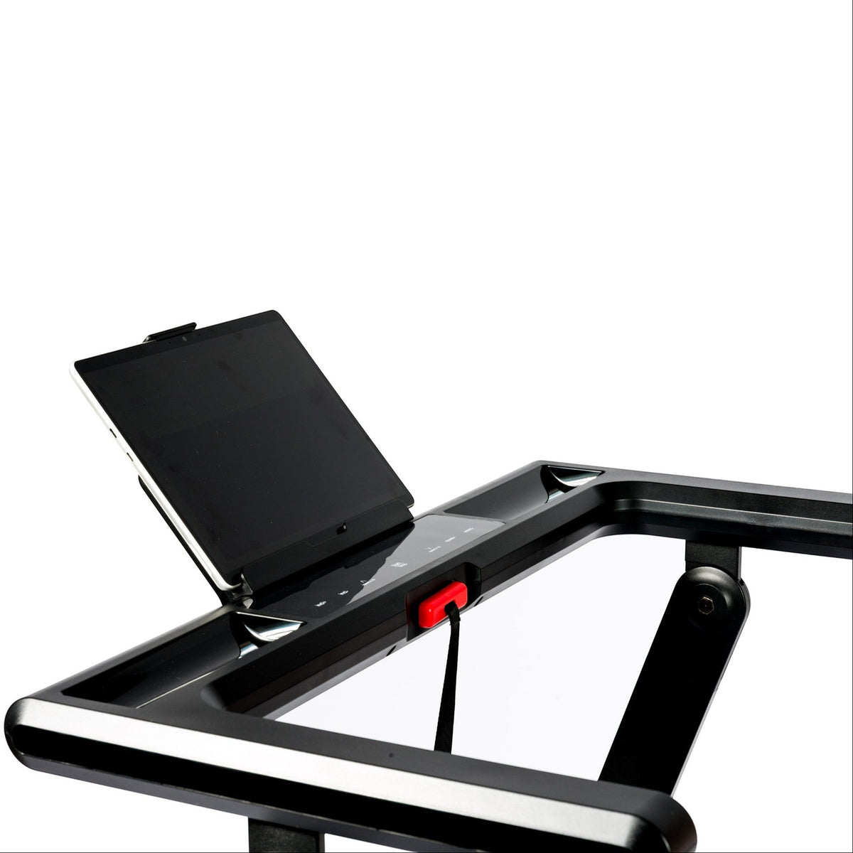 A close-up of a black tablet mounted on a sleek black electronic display stand with a glossy frame and a small red control button, set against a solid white background.