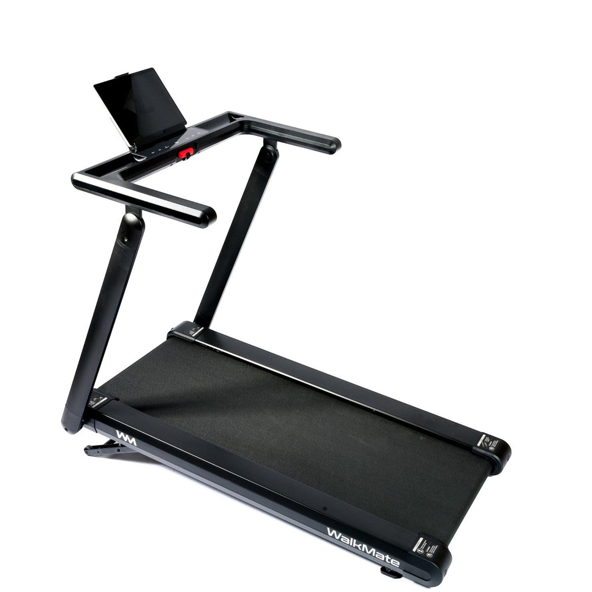 A black WalkMate Fitness folding treadmill shown from a three-quarters angle on a solid white background.