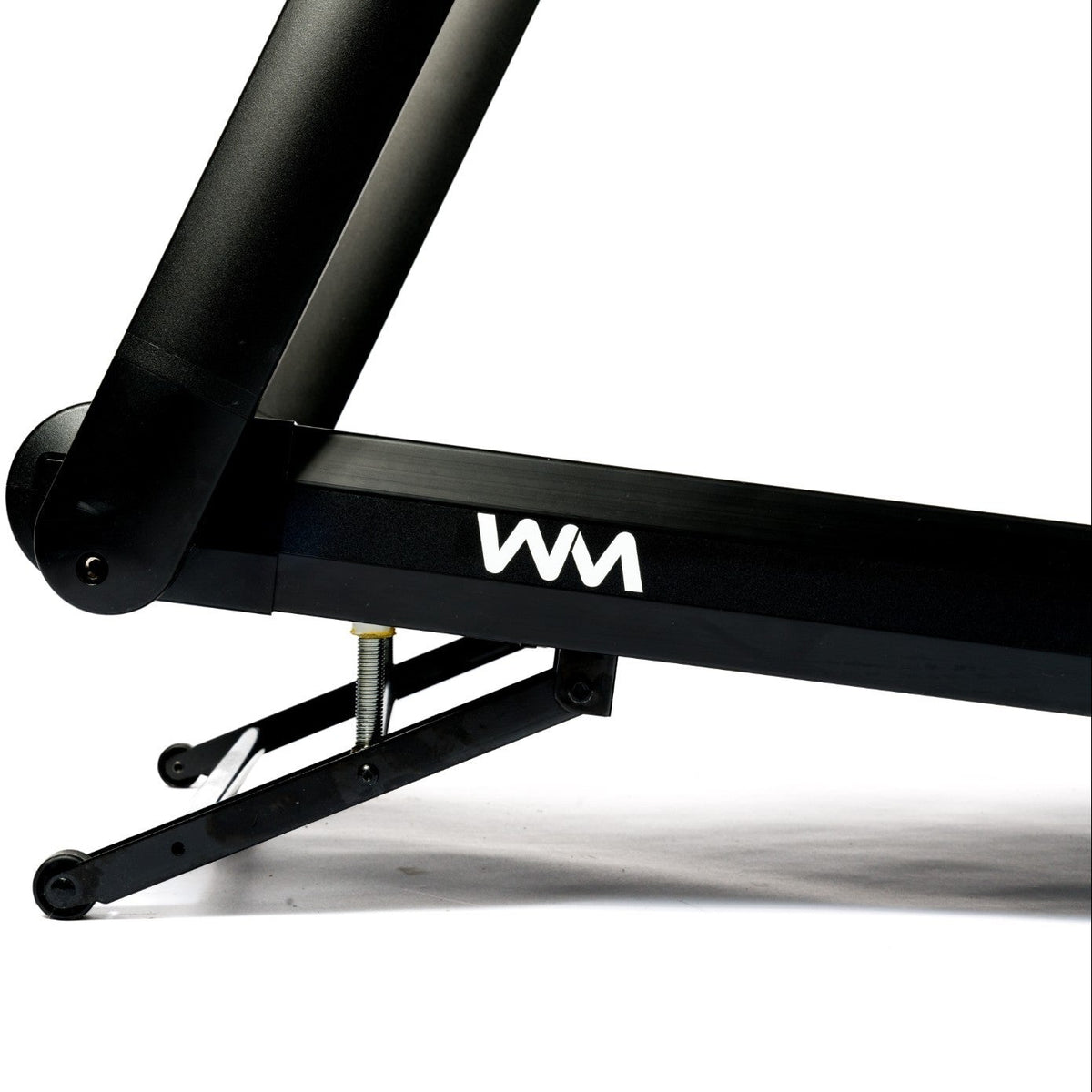 Close-up of a black treadmill frame showing the side deck, support post, and adjustable leg assembly on a white background.