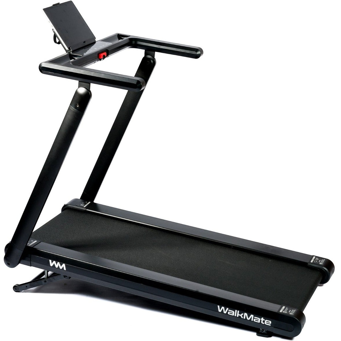 A black WalkMate folding treadmill shown from a three-quarters angle on a solid white background.