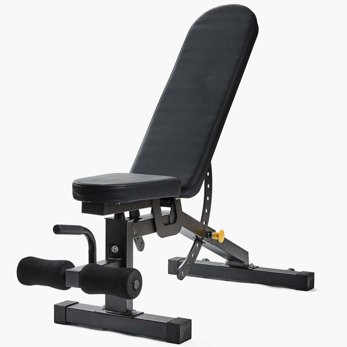 Black adjustable weight bench on a white background