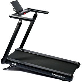 A black WalkMate folding treadmill shown from a three-quarters angle on a solid white background.